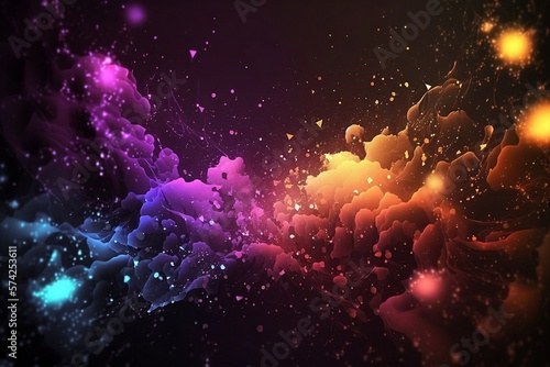 Magical neon background with blur and tiny particles  explosions and swirls of glitter and confetti. Abstract dark background. Generative AI