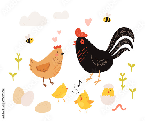 Collection of rooster, hen and chicks isolated on white background. Bundle of chicken with brood. Cute lovely family of domestic fowl or poultry birds. Childish flat cartoon vector illustration.
