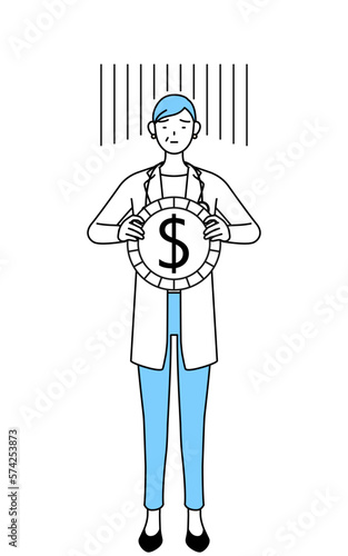 為替差損やドル安のイメージ、聴診器をかけた白衣の女性医師、シニア・中高年のベテラン医師