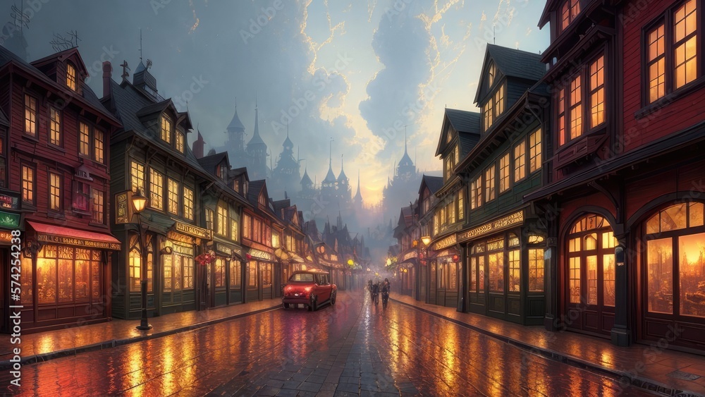 An illustration of an evening European city, with wet streets and canals. With colorful patterns.