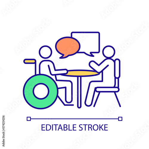 Support of disabled employee in workplace RGB color icon. DEI principles in communication. Inclusive staff hiring. Isolated vector illustration. Simple filled line drawing. Editable stroke
