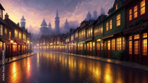 An illustration of an evening European city, with wet streets and canals. With colorful patterns.