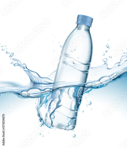 Transparent realistic vector mineral water plastic bottle in water with water splash and drops on light background 