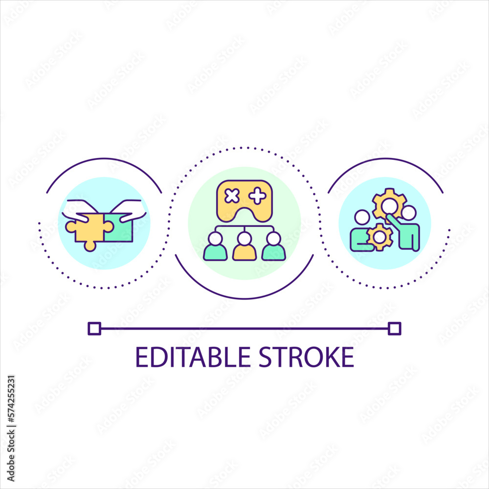 Gaming connecting users loop concept icon. Online community of gamers. Gamification strategy abstract idea thin line illustration. Isolated outline drawing. Editable stroke. Arial font used