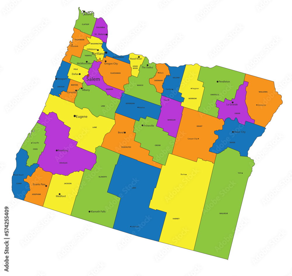 Colorful Oregon political map with clearly labeled, separated layers