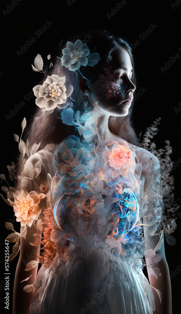 Ethereal woman with flowing dress and dynamic flowing hair with floral ...