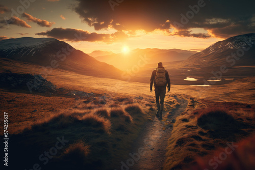 Generative AI Woman on trail admiring the sunset