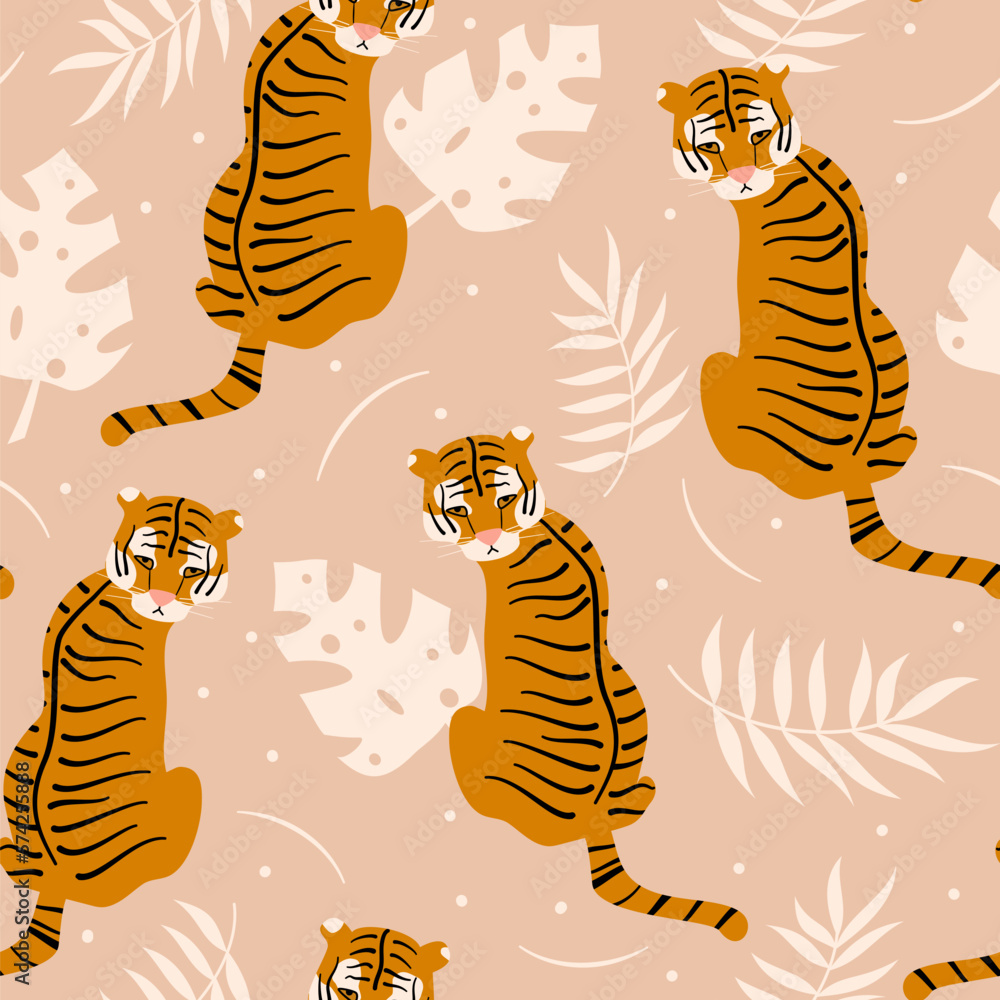 hand drawn seamless vector pattern illustration with tigers, monstera leaves on beige background