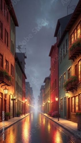 An illustration of an evening European city, with wet streets and canals. With colorful patterns.