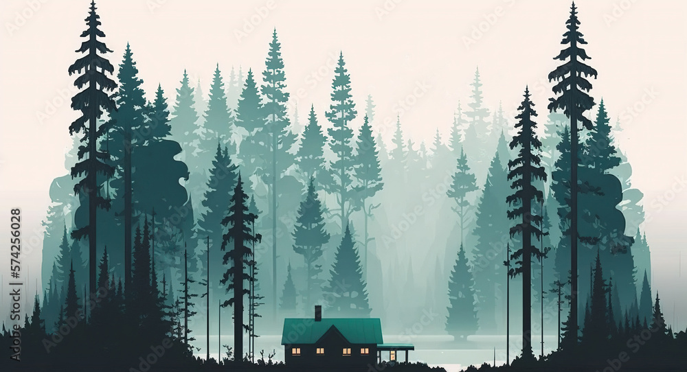 Illustration of a cabin in the forest, vector art, 4k wallpaper Stock