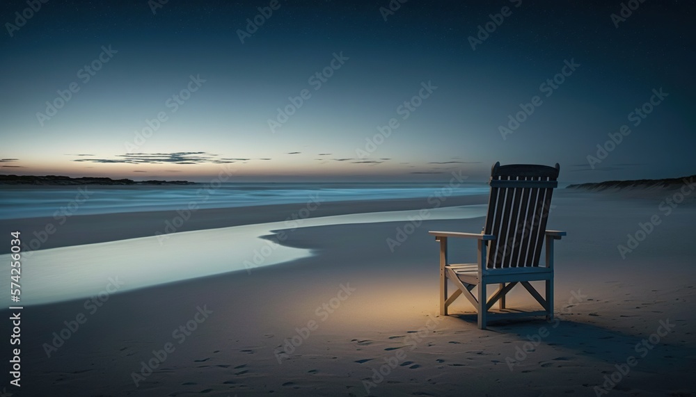 Chair on the beach at night. 4K Landscape