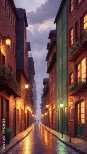 An illustration of an evening European city  with wet streets and canals. With colorful patterns.