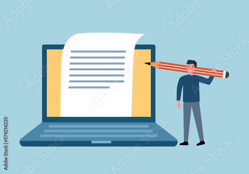 Copywriter freelance and blogger author create online article content concept vector illustration. Male writing web content on computer.