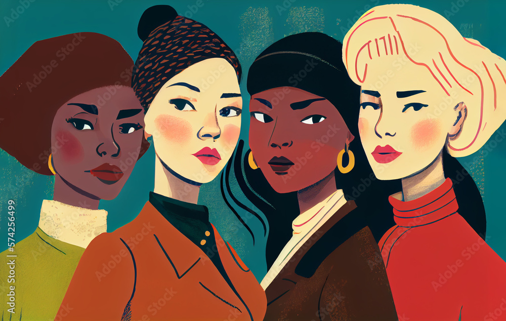 Four women of different nationalities and cultures standing together. Women's friendship, union of feminists or sisterhood. The concept of the female's empowerment movement. Generative Ai.