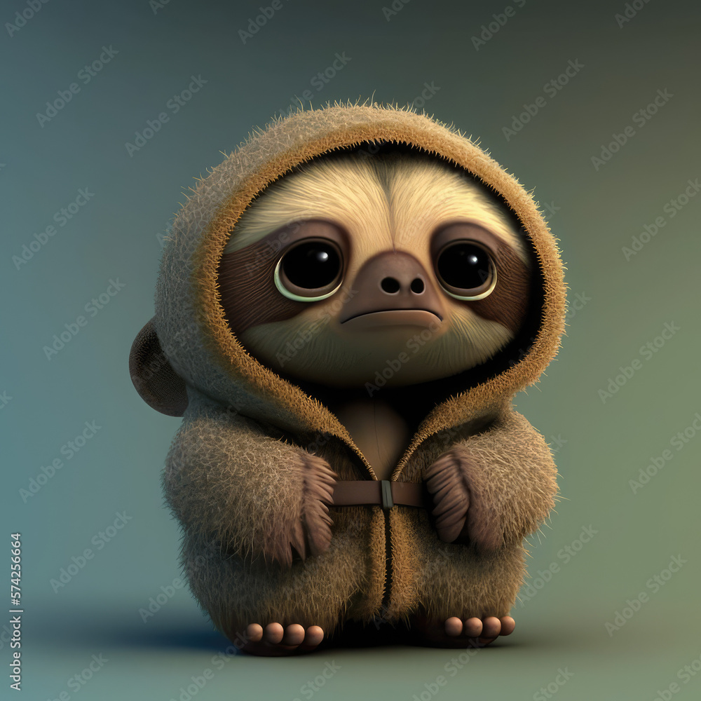 Cute baby sloth in hood 3d character. Cartoon pet with big eyes, 3d render generative ai illustration. Cartoon little lazy sloth illustration. Cute baby sloth in hood 3d character. Cartoon pet with big eyes, 3d render generative ai illustration. Cartoon little lazy sloth illustration.