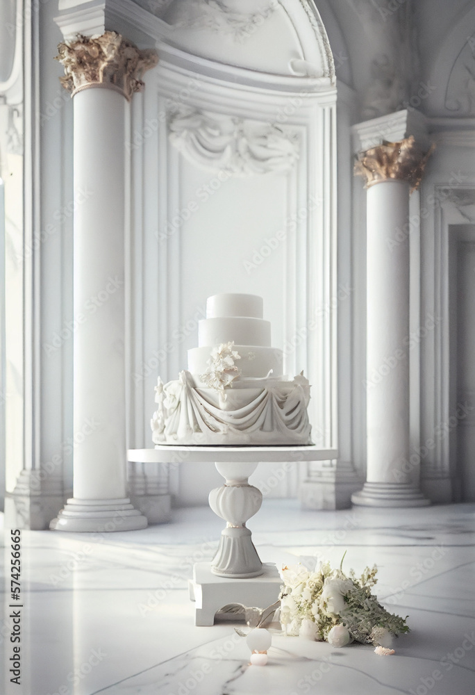 White wedding cake blank on a white background. Simple minimalism. AI Generated