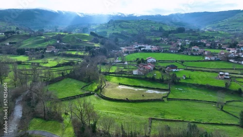 Pas river in San Vicente de Toranzo, aerial view from a drone. Municipality of Corvera de Toranzo. Toranza Valley. Pas-Miera region. Cantabria. Spain. Europe photo