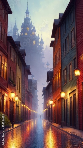 An illustration of an evening European city, with wet streets and canals. With colorful patterns.