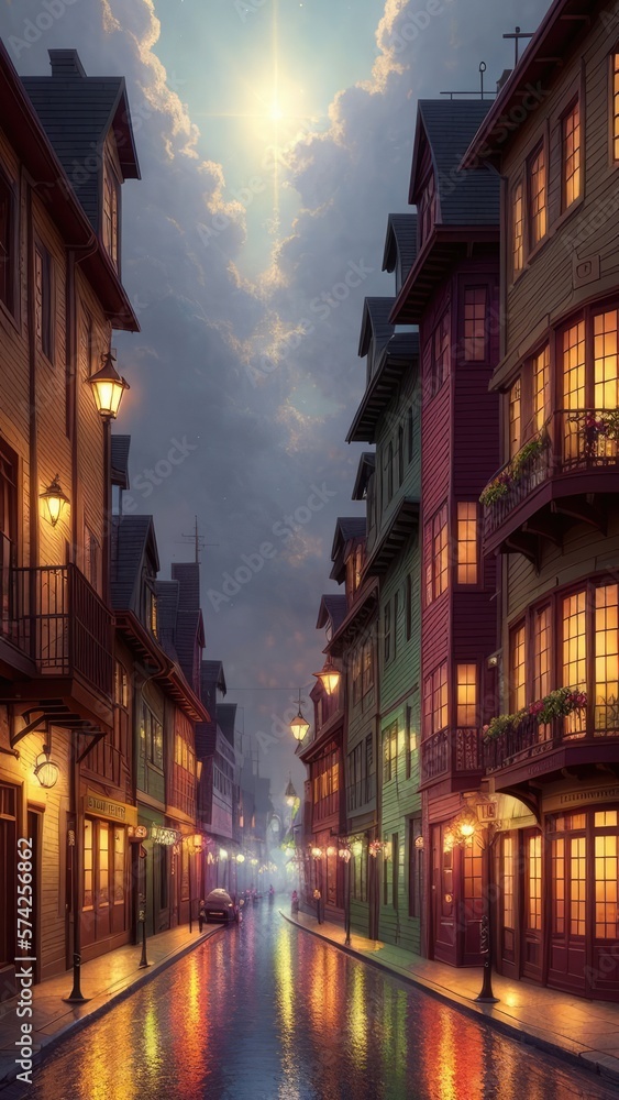 An illustration of an evening European city, with wet streets and canals. With colorful patterns.