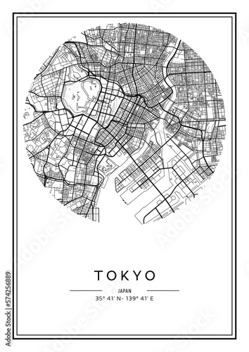 Black and white printable Tokyo city map, poster design, vector illistration.