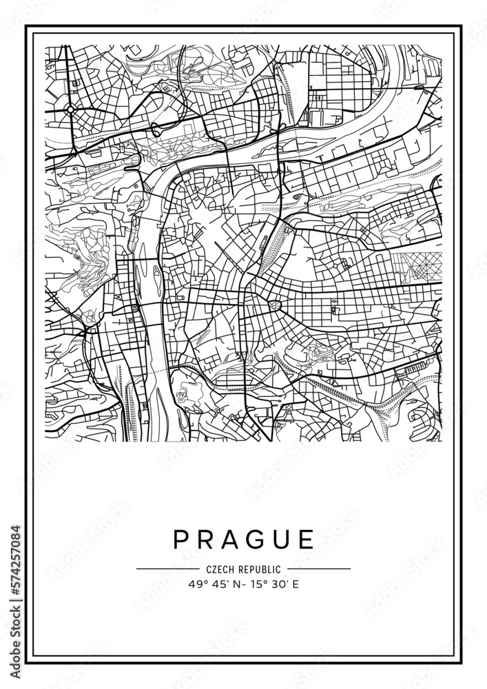 Black and white printable Prague city map, poster design, vector illistration.