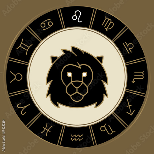 LEO zodiac horoscope astrology label with element, planet icon glyph. Thin line sign symbol art design vector illustration