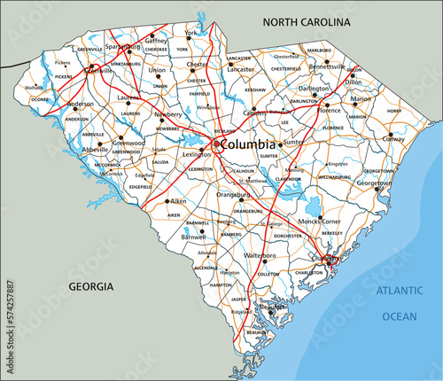 High detailed South Carolina road map with labeling.