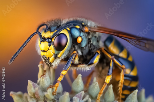 Portrait of a field wasp. Macro of wasp seen of front on flower. Insect on a flower with a blurry background. generative ai