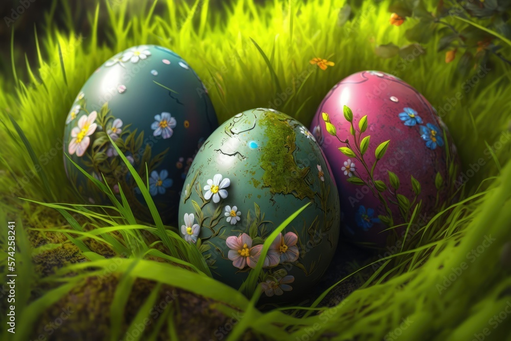 easter eggs in grass , ai generated