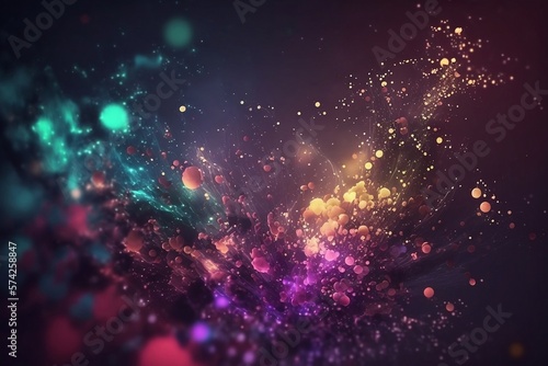 Magical neon background with blur and tiny particles  explosions and swirls of glitter and confetti. Abstract dark background. Generative AI