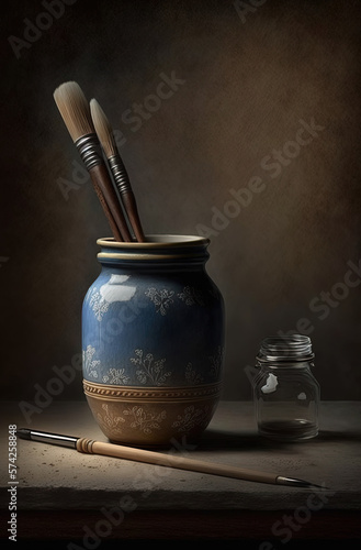 A single brush in a stoneware jar on a table. Generative AI.