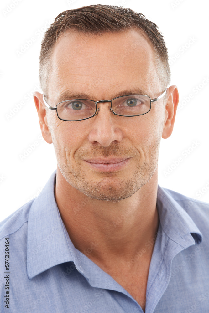 Portrait, glasses and vision with a mature man in studio isolated on a white background for eyecare or optometry. Face, eyewear and eye exam with a handsome male at the optometrist or optician Portrait, glasses and vision with a mature man in studio isolated on a white background for eyecare or optometry. Face, eyewear and eye exam with a handsome male at the optometrist or optician