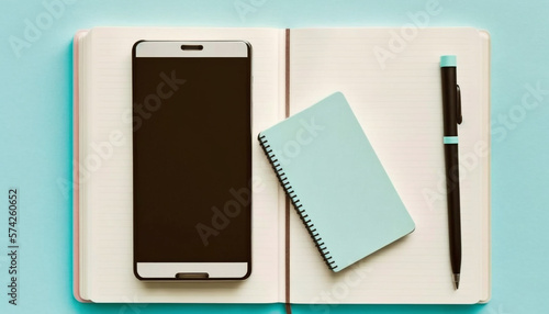 smartphone and note paper book pastel blue background, generative ai