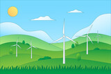 Renewable energy, ESG concept. Green landscape with wind turbines. Gradient. Vector illustration