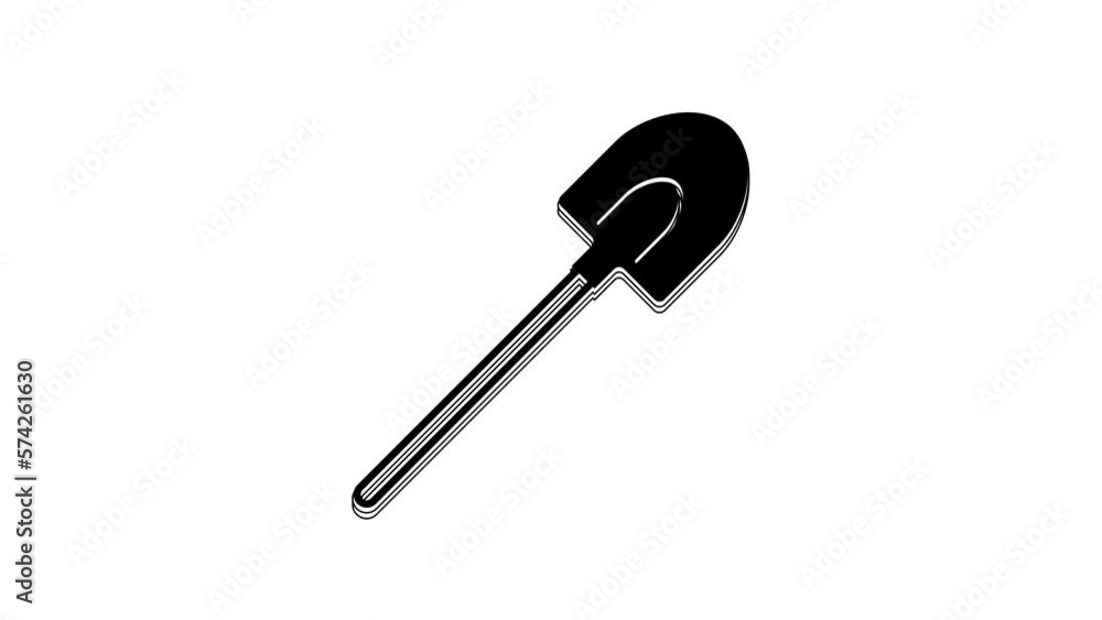 Black Garden shovel icon isolated on white background. Gardening tool. Tool for horticulture, agriculture, farming. 4K Video motion graphic animation Black Garden shovel icon isolated on white background. Gardening tool. Tool for horticulture, agriculture, farming. 4K Video motion graphic animation
