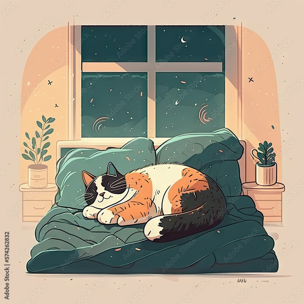 Cartoon Cat Laid in Bed - Lofi Chill Design with Soft Colors Stock ...