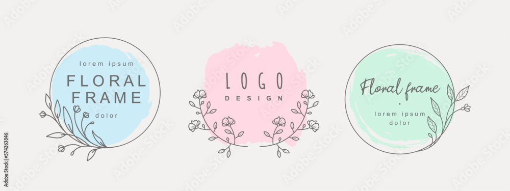 Logo templates in a minimalist style with flowers on a colored blot texture. Hand drawn floral frames. Vector illustration for labels,
branding business identity, wedding invitation Logo templates in a minimalist style with flowers on a colored blot texture. Hand drawn floral frames. Vector illustration for labels,
branding business identity, wedding invitation