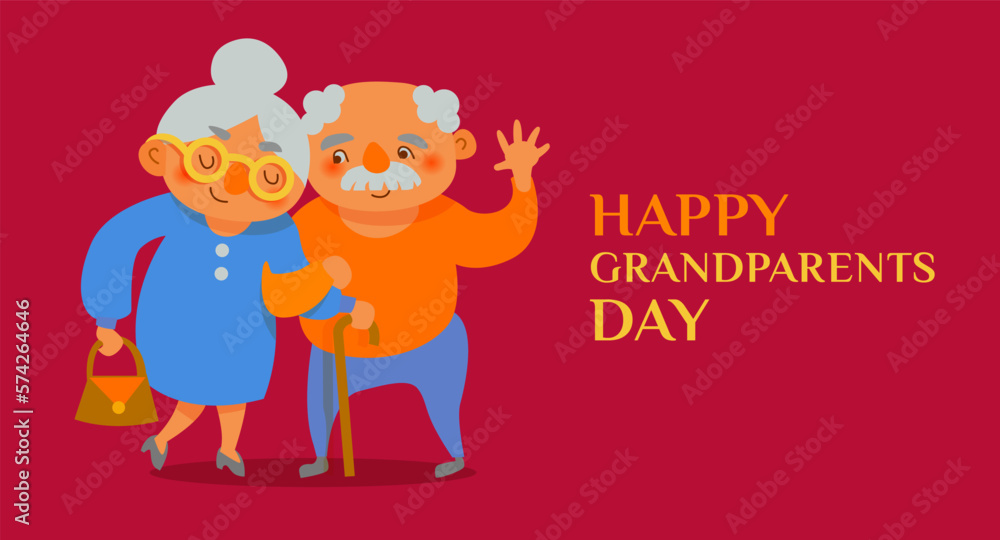Happy Grandparents Day Cute Elderly Couple Caricature, Grandpa and Grandma in Flat Style for Poster or Greeting Card