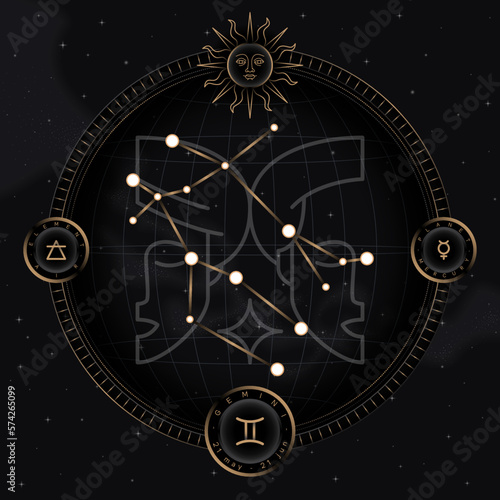 GEMINI zodiac horoscope astrology label with element  planet icon glyph. Thin line sign symbol art design vector illustration