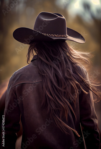 Woman farmer in cowboy hat at agricultural field on sunset. Rear view