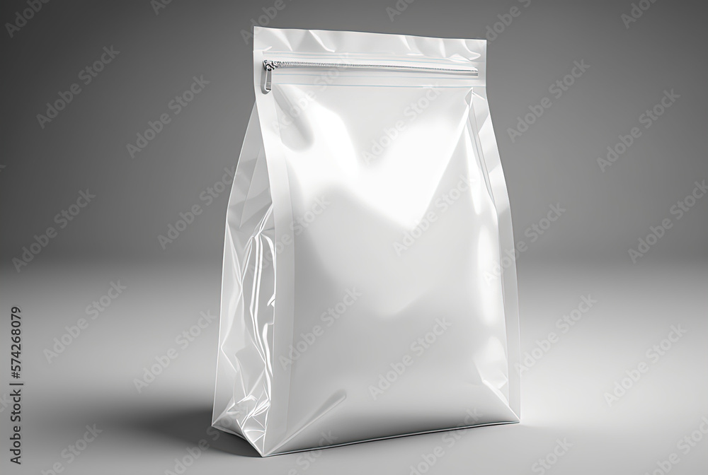Blank white plastic bag with zip mockup on light background. Generative AI. Blank white plastic bag with zip mockup on light background. Generative AI.