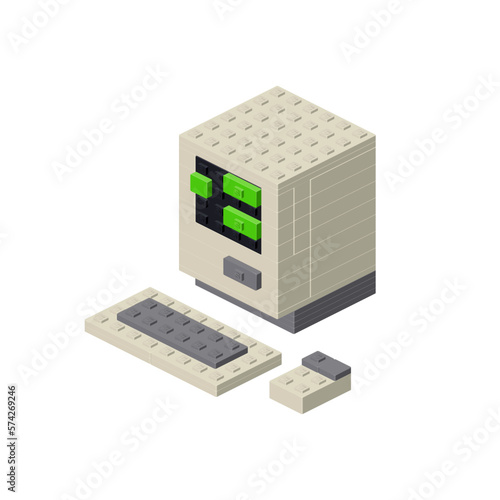 Retro computer 80s in isometry on a white background. Vector clipart