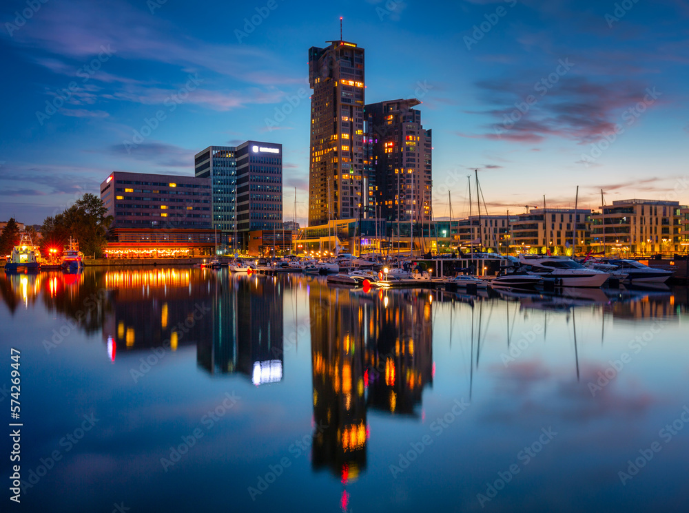 Fototapeta premium Panorama of the marina in Gdynia with modern architecture at dusk. Poland