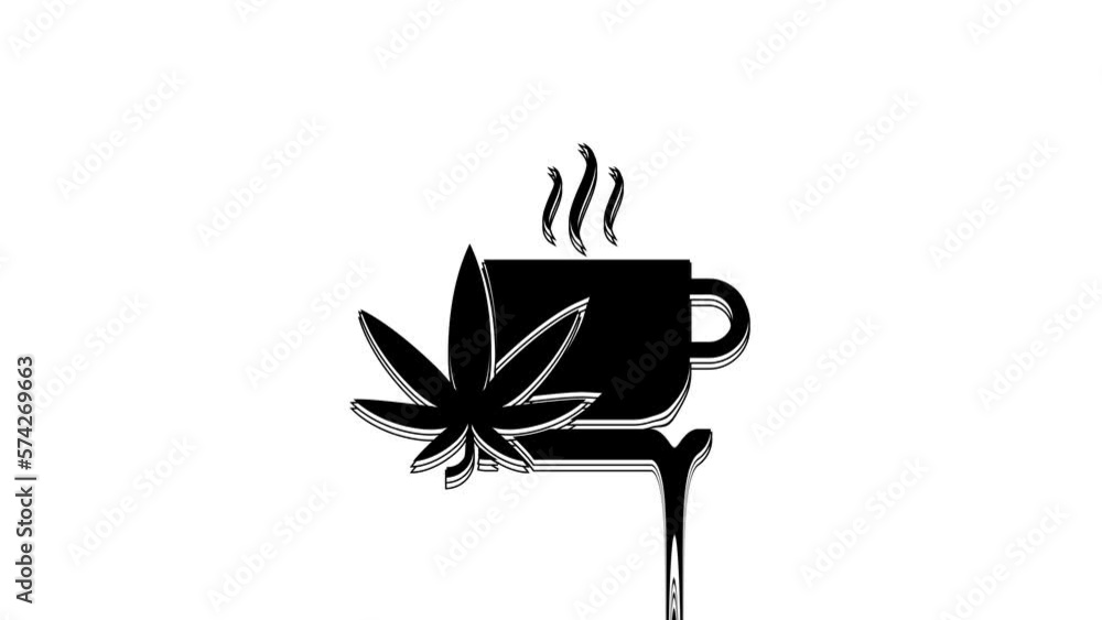 Black Cup tea with marijuana or cannabis leaf icon isolated on white background. Marijuana legalization. Hemp symbol. 4K Video motion graphic animation Black Cup tea with marijuana or cannabis leaf icon isolated on white background. Marijuana legalization. Hemp symbol. 4K Video motion graphic animation