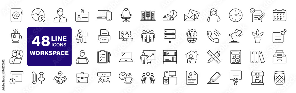 Office workspace set of web icons in line style. Office and coworking icons for web and mobile app. Office, remote working, meeting, co-worker, workspace, desk, computer, business icons and more - obrazy, fototapety, plakaty 