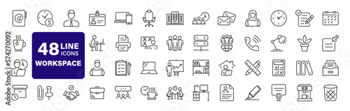 Office workspace set of web icons in line style. Office and coworking icons for web and mobile app. Office, remote working, meeting, co-worker, workspace, desk, computer, business icons and more