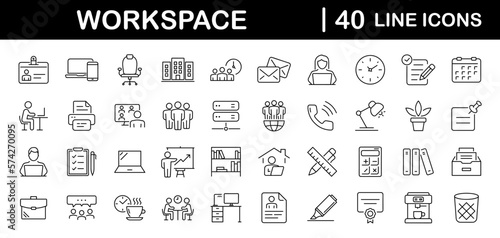 Office workspace set of web icons in line style. Office and coworking icons for web and mobile app. Office, remote working, meeting, co-worker, workspace, desk, computer, business icons and more