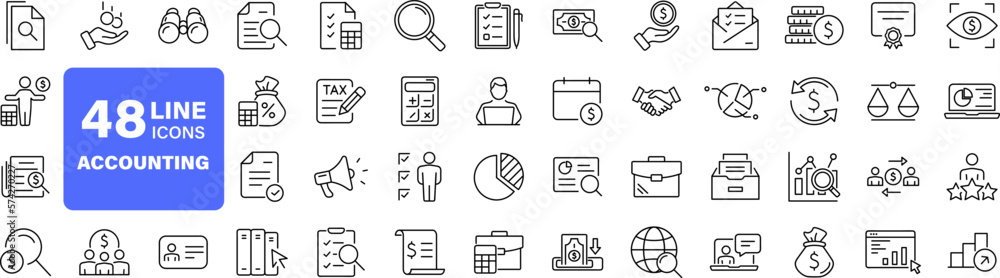Accounting set of web icons in line style. Accounting and audit icons for web and mobile app. Containing finance report and audit, invoice, tax return, accounting, auditing, inspection and more. - obrazy, fototapety, plakaty 