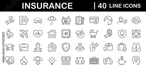 Insurance set of web icons in line style. Insurance and assurance icons for web and mobile app. Protection of health, life, property, car, home, travel insurance icons and more. Vector illustration