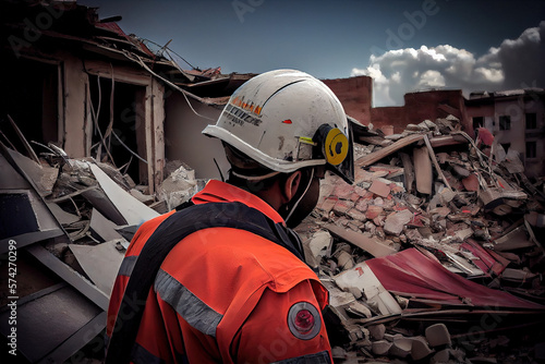 Rescuers in uniform and helmets dismantle the rubble of houses after the earthquake, the ruined city and multi-storey buildings, disaster, the consequences of a strong earthquake. Generative AI © VICHIZH